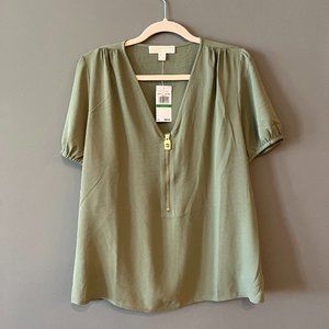 Trendy Michael Kors Olive Green Short Sleeve Blouse (Size Large) - NWT